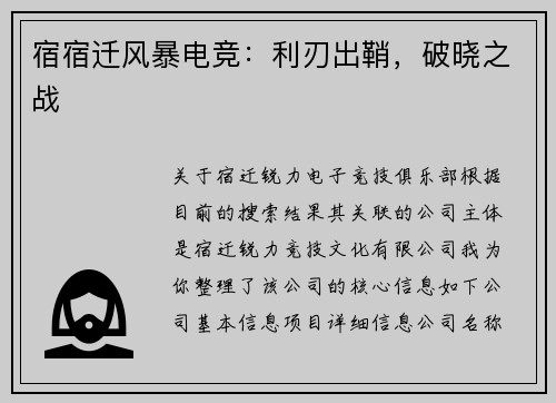 宿宿迁风暴电竞：利刃出鞘，破晓之战