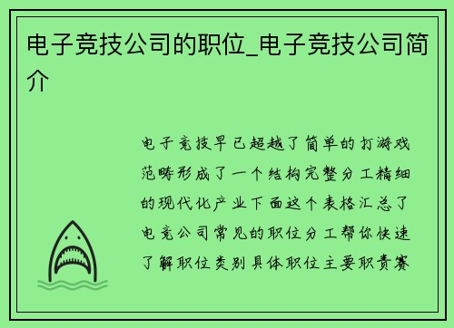 电子竞技公司的职位_电子竞技公司简介